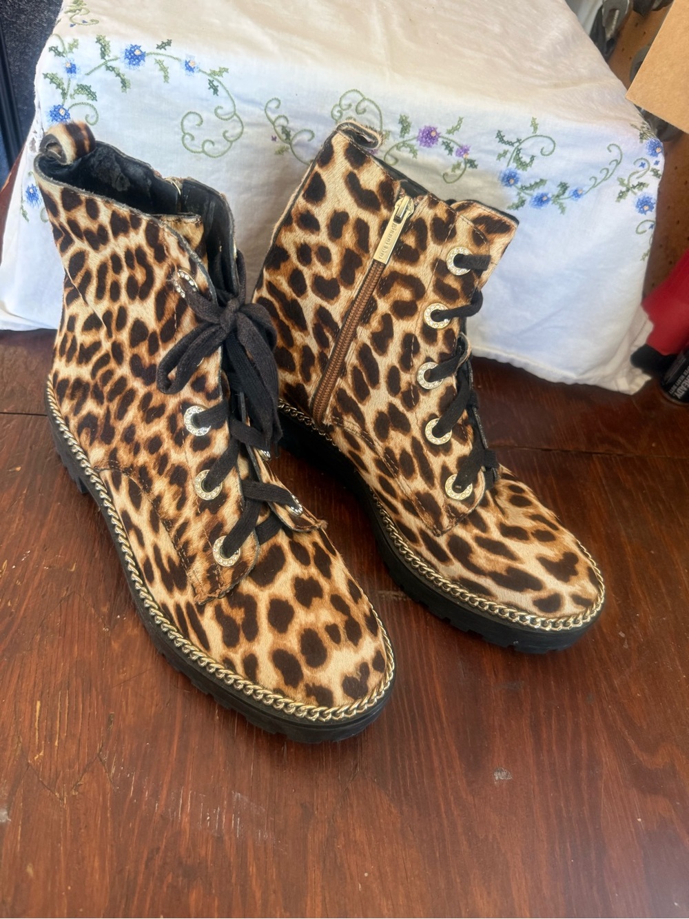 Gianni Bini Leopard-Print Lace-Up Ankle Boots - Brown/Black